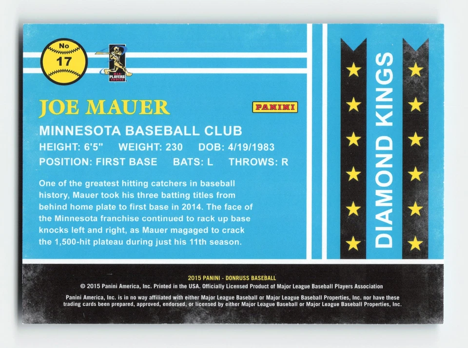 2015 Donruss Press Proofs Silver #17 Joe Mauer SN #/199 Near Mint or Better - Image 2 of 2