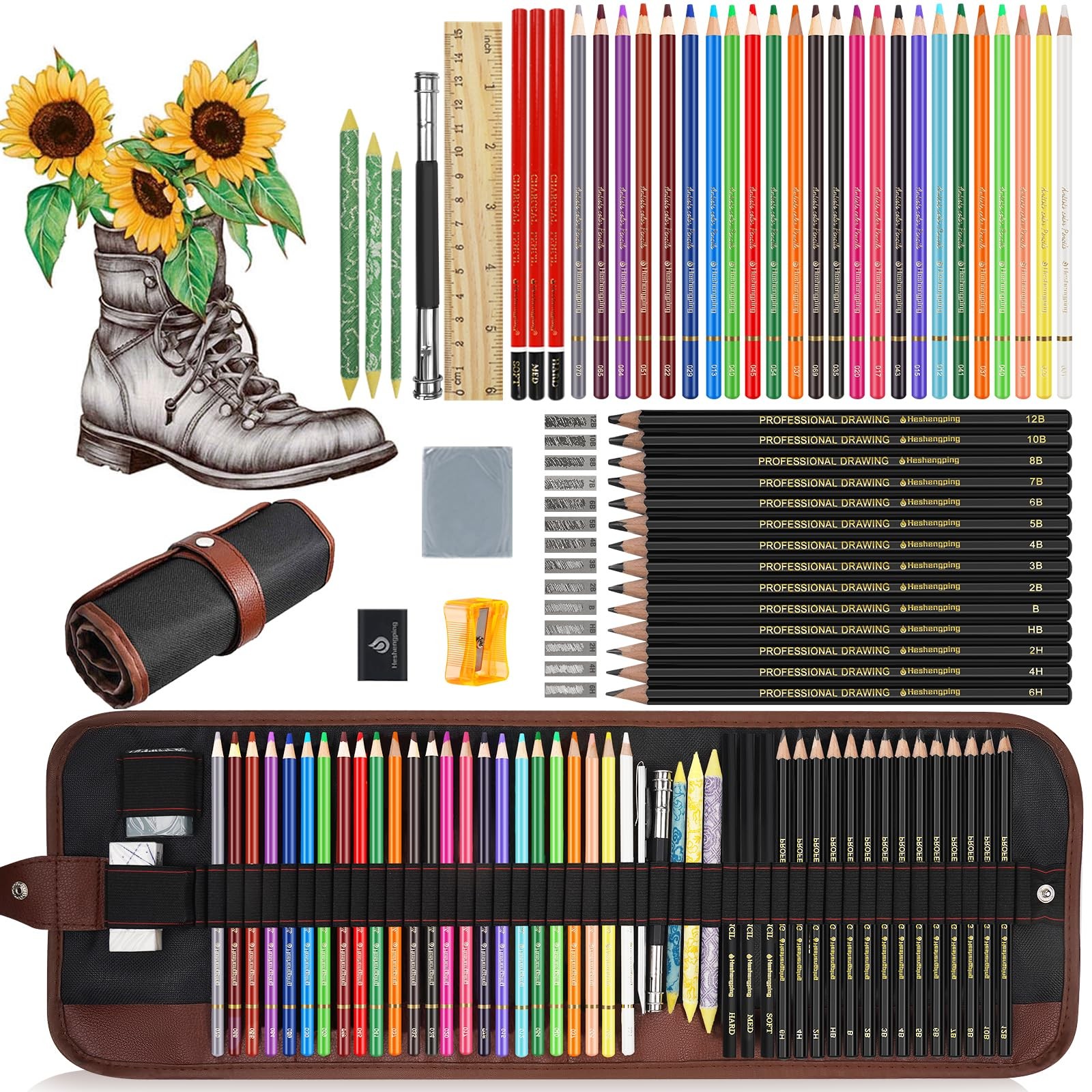 Sketching Drawing Art Pencil Kit-50 Piece Set with 24Color Pencils for Adult Kid