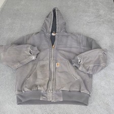 Carhartt Men's Jacket Large Gray J130 GVL Duck Canvas Hooded Coat Quilted Lined