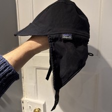 Patagonia Fleece Hat Trapper Duck Bill Ear Flap Winter Cap Vintage US made Black