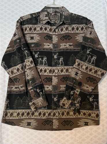 Woods & Water OutfittersVintage Shirt Men's XL GreenBrown Deer Tribal Aztec