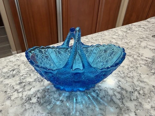 Fenton Blue Glass Daisy & Button Oval Basket Split Twig Handle Trinket Basket