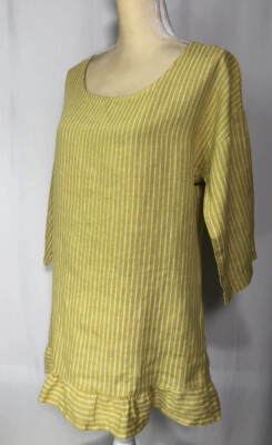 Lungo L'Arno Women Tunic Shirt Top Large 3/4 Sleeve 100% Linen Italy Mustard New