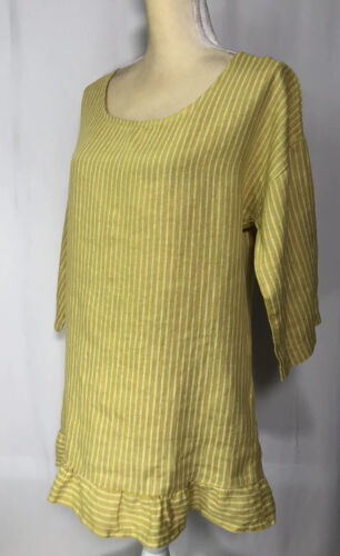 Lungo L'Arno Women Tunic Shirt Top Large 3/4 Sleeve 100% Linen Italy Mustard New - Afbeelding 1 van 11