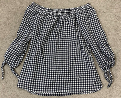 Crown & Ivy Gingham Off Shoulder Top Womens size Small Blue White 100% Cotton