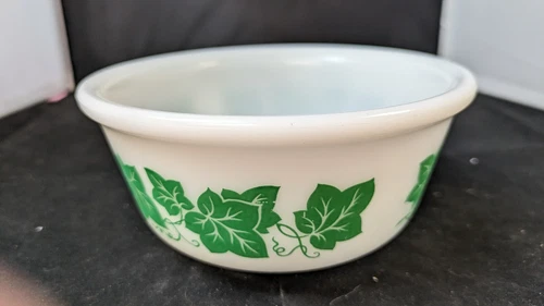 6” Vintage 1950's Hazel Atlas HA Milk Glass Mixing Bowl Green Ivy Leaf