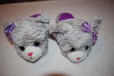 Girls GRAY KITTY CAT SLIPPERS Open Back SPARKLES Purple Bow SIZE S 11-12