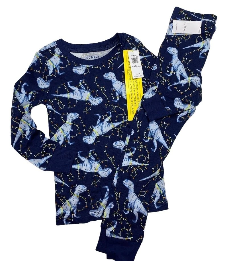 Boys Old Navy Navy Blue Snug Fit Cotton Dinosaur Holiday Lights Pajama sz 3T NEW