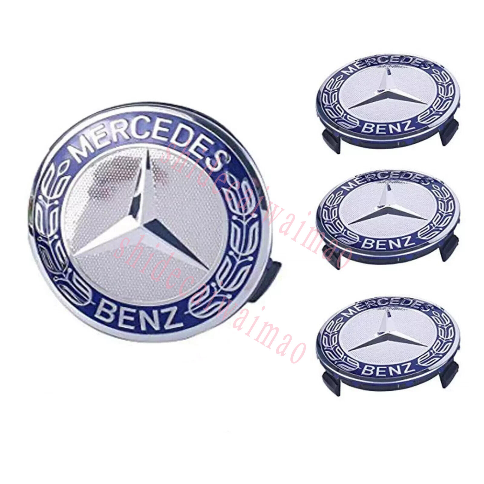 4PCS Wheel Center Hub Caps Badge For Mercedes Benz AMG-75mm Classic Blue Wreath