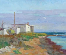 Oil painting Fisherman's house Seascape Ukrainian painter Canvas Framed original