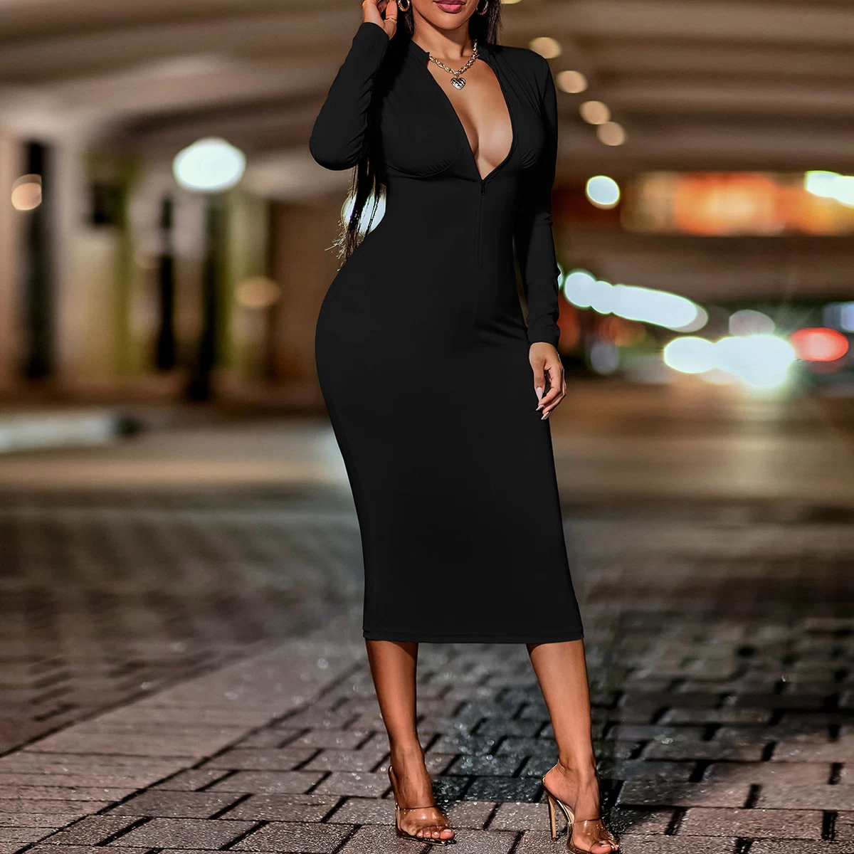 Plain black long top sleeve bodycon dress