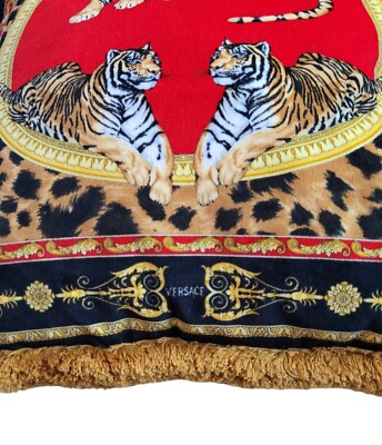 Vintage Versace Velvet TIGER Decorative Pillow Fringe Red Made in