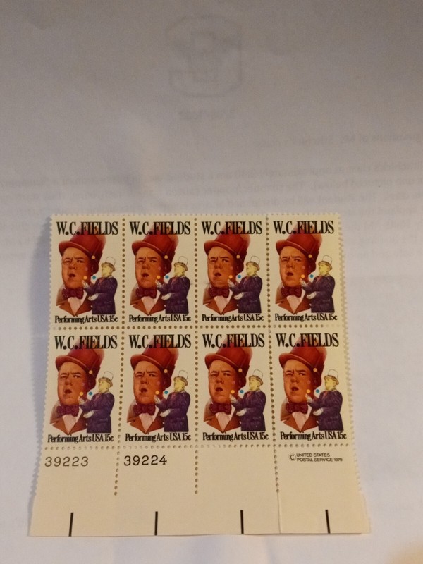 MINT NH OG 15 CENT W. C. FIELDS DOUBLE STAMP PLATE BLOCK CV 6.00