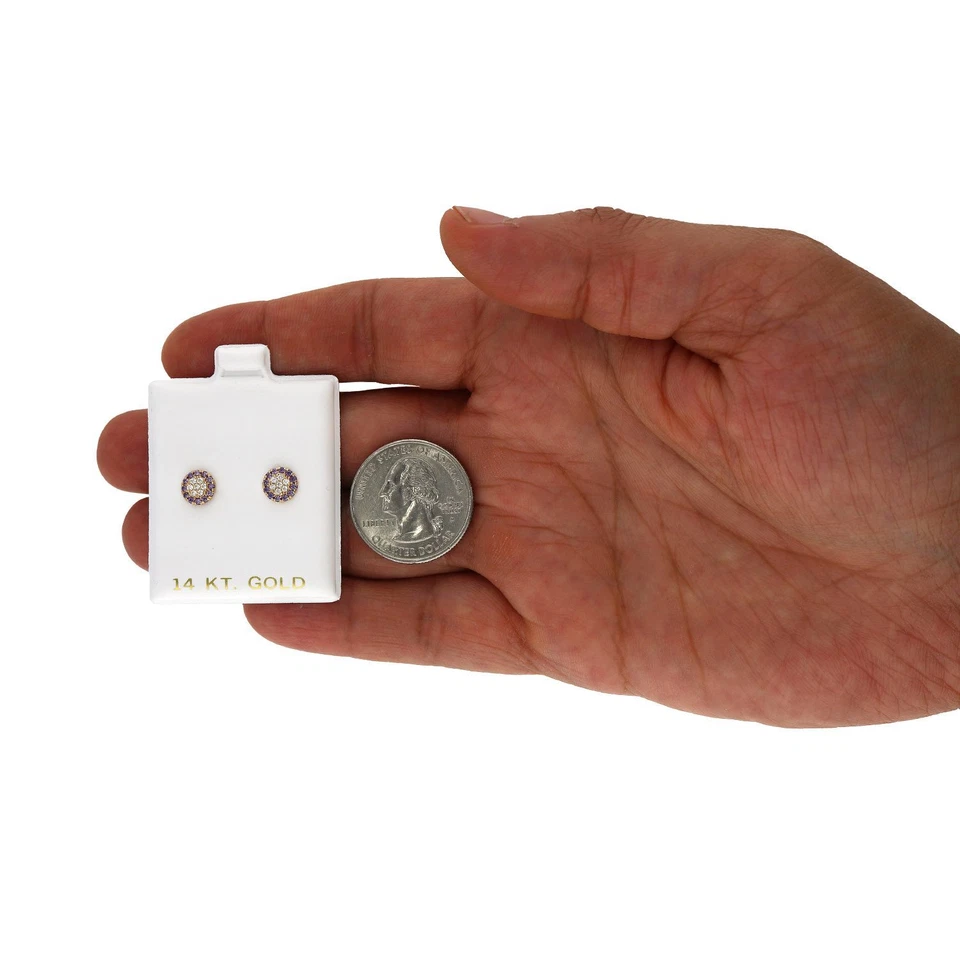 14K Real Gold Halo Round Cluster Screw Back CZ Birthstone Stud Earrings - Image 4 of 4