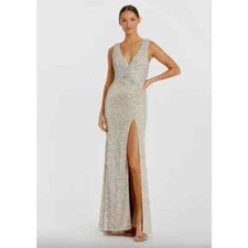 Mac Duggal 26598 SZ 4 V-Neck Sleeveless Sequin Wrap Waist Gown Nude Gold NWT