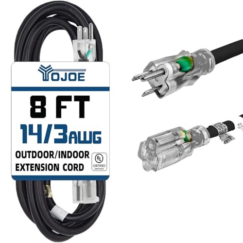 Indoor Outdoor Extension Cord with Lighted End, 3 Prong 15A 8 Foot Black 14/3