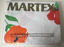 Vintage Martex Full Flat Sheet Percale Cotton blend Cut Flowers Blue Red NEW NIP