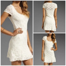 Free People Daisy Godet Dress M Short Sleeve Mini Lace Ivory Cream Pale yellow