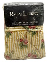 VTG Pair RALPH LAUREN Sophie STANDARD PILLOWCASES Brooke Striped FLORAL YELLOW