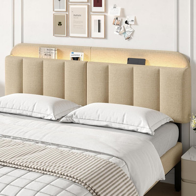 Beige King Size Adjustable Upholstered Headboard with LED Light & Storage