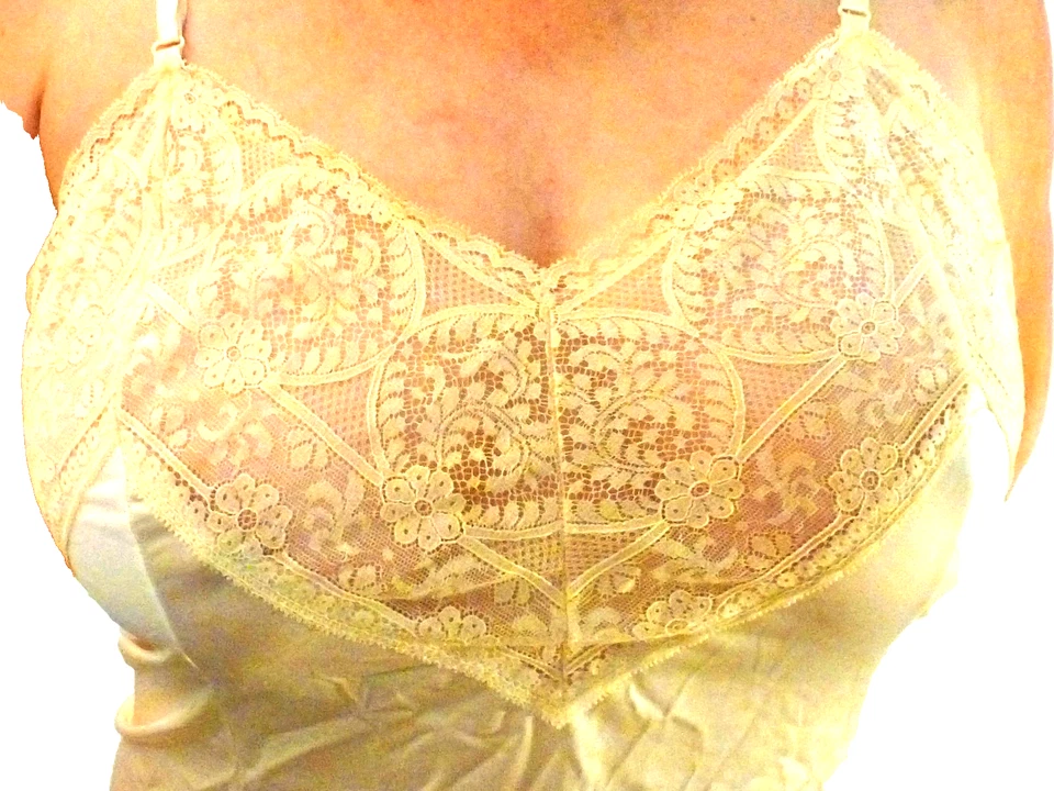 WONDER MAID VINTAGE AMARILLO PÁLIDO MEGA ENCAJE RESBALADIZO SATINADO NAILON DESLIZAMIENTO COMPLETO 42 EVC Foto 4 de 4