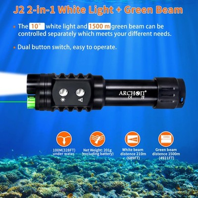 ARCHON J2 Diving Flashlight, 2-in-1 Scuba Dive Light with 1200