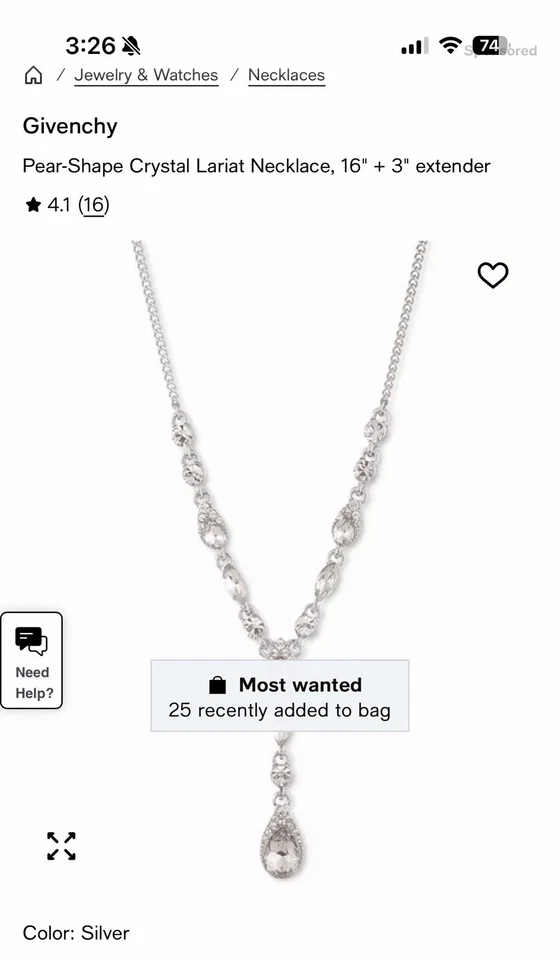 Collar Givenchy Forma Pera Cristal Lariat Y-16"+3" Extensor Estilo Vintage Foto 3 de 3