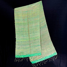 New Raw Silk Scarf Green Gold Stripes Fringe 16 X 68 inches Excellent Condition