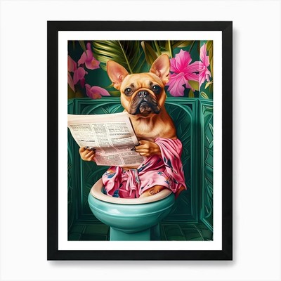 Rehkitz Französische Bulldogge liest auf Mühe gerahmtes Wandbild Poster Leinwanddruck Bild
