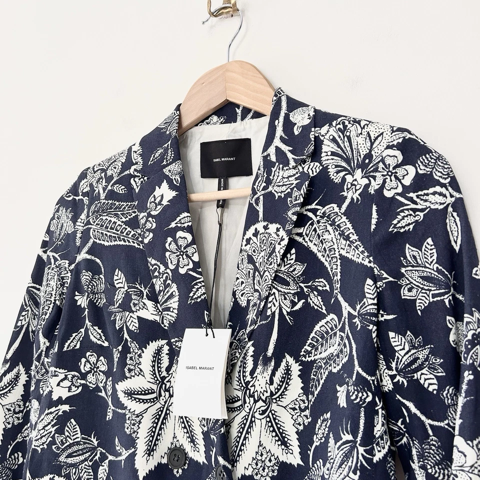 Blazer Isabel Marant floral de linho UE 36 Reino Unido 8 azul marinho botânico forrado de seda - Imagem 3 de 4