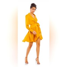 MAC DUGGAL 70135 Mango Yellow Long Sleeve Short Wrap Dress Size 12