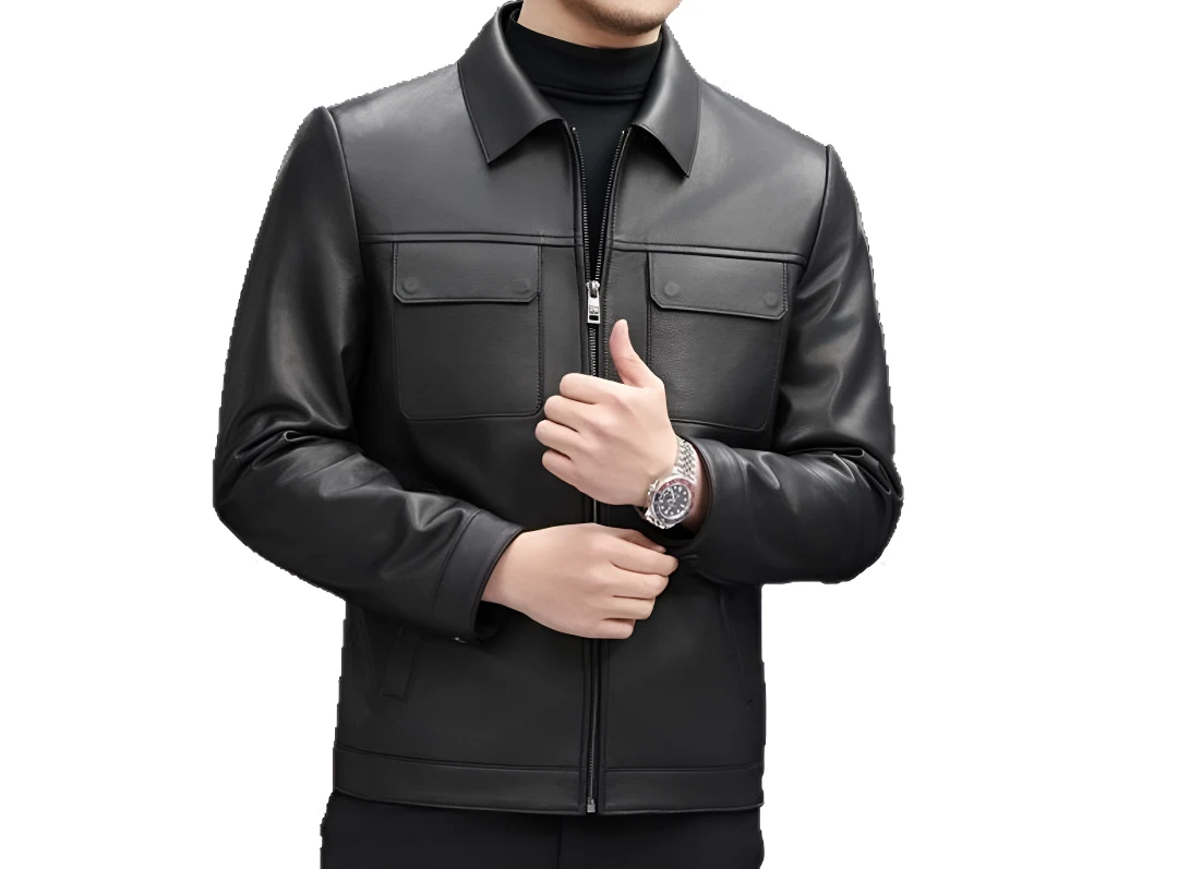 Men’s Sheepskin Leather Jacket with Lapel Collar Brown/Black Stylish Outerwear