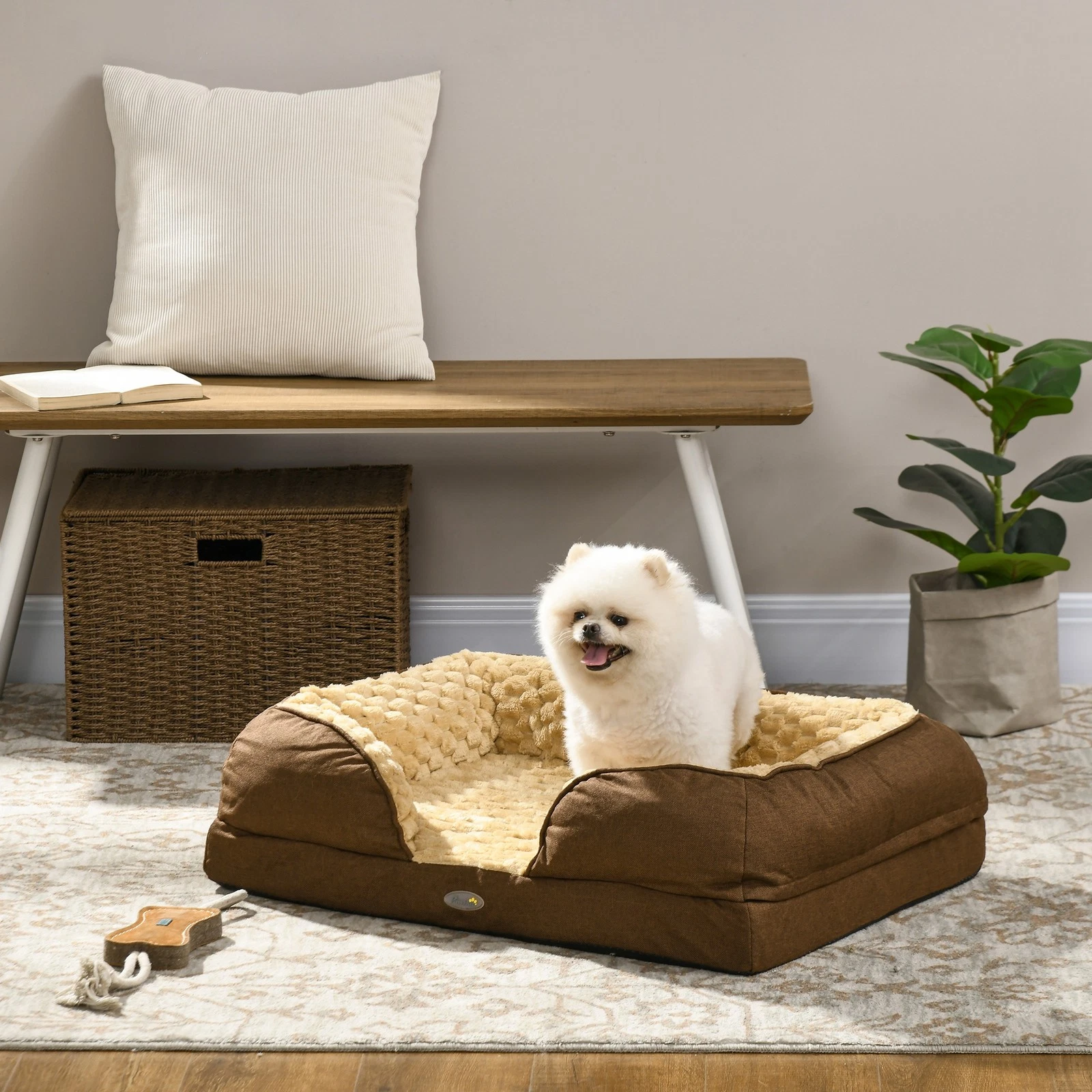 Calming Dog Bed Pet Bed w/ Anti-Slip Bottom, for Small Dogs - Brown