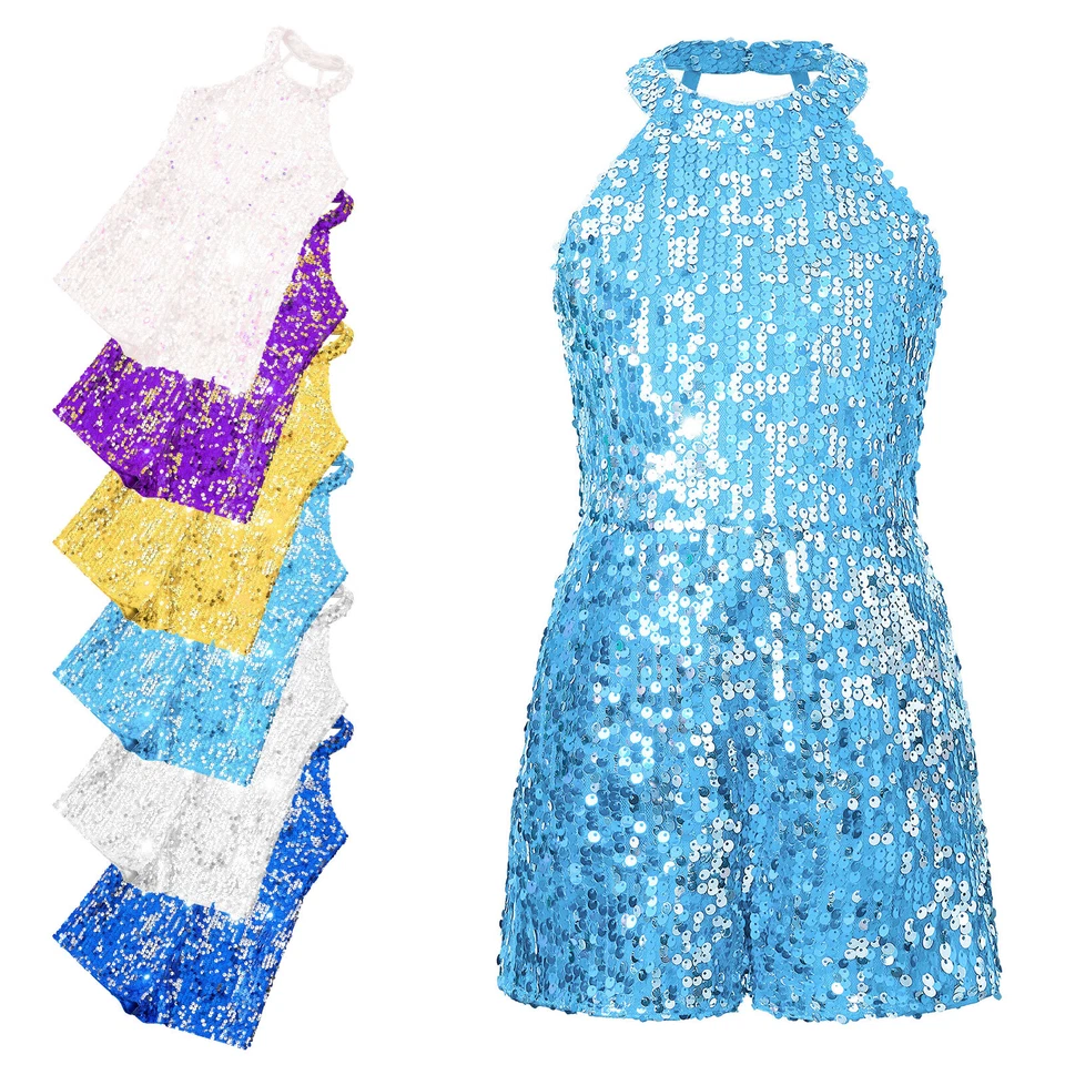 Girls Dance Costume Shiny Sequined Halter Sleeveless Latin Jazz Leotard Jumpsuit - Image 3 of 3