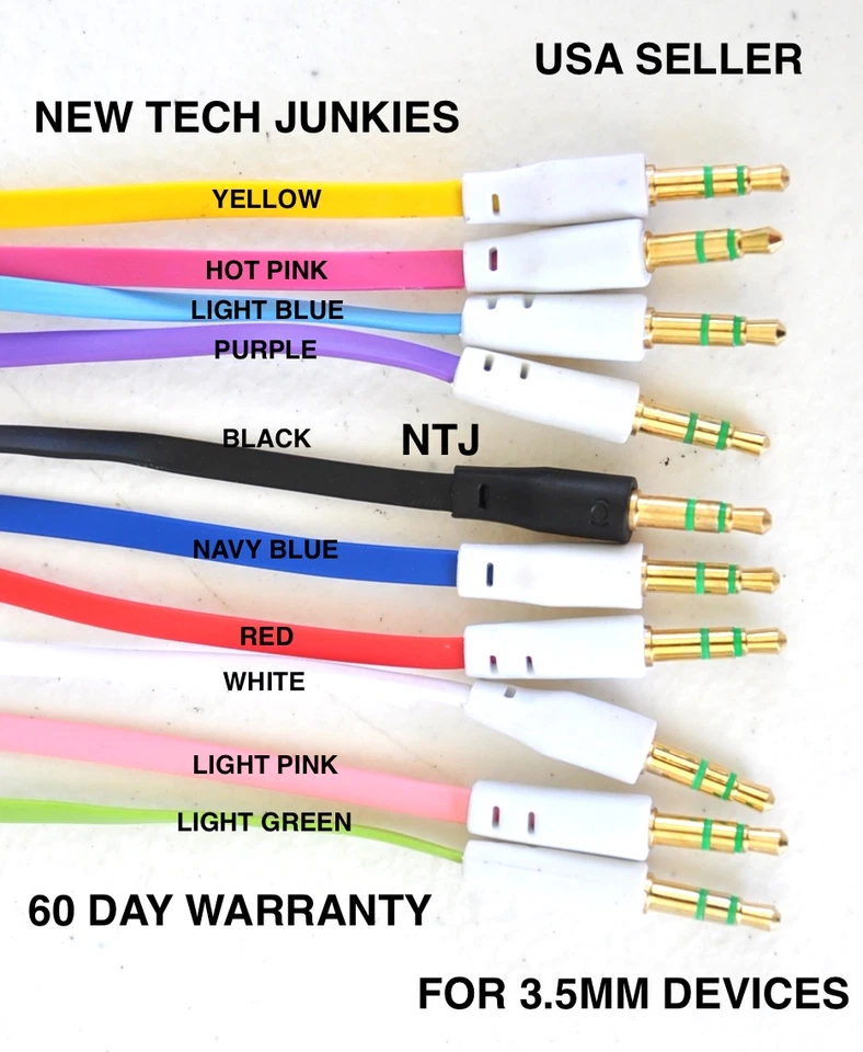 3FT (1M) 3.5mm FLAT NOODLE AUX cable for iPod iPhone 5 6 plus car auxiliary - Image 2 of 2