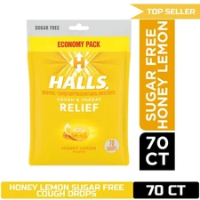 HALLS Relief Honey Lemon Sugar Free Cough Drops, Economy Pack, 70 Drops
