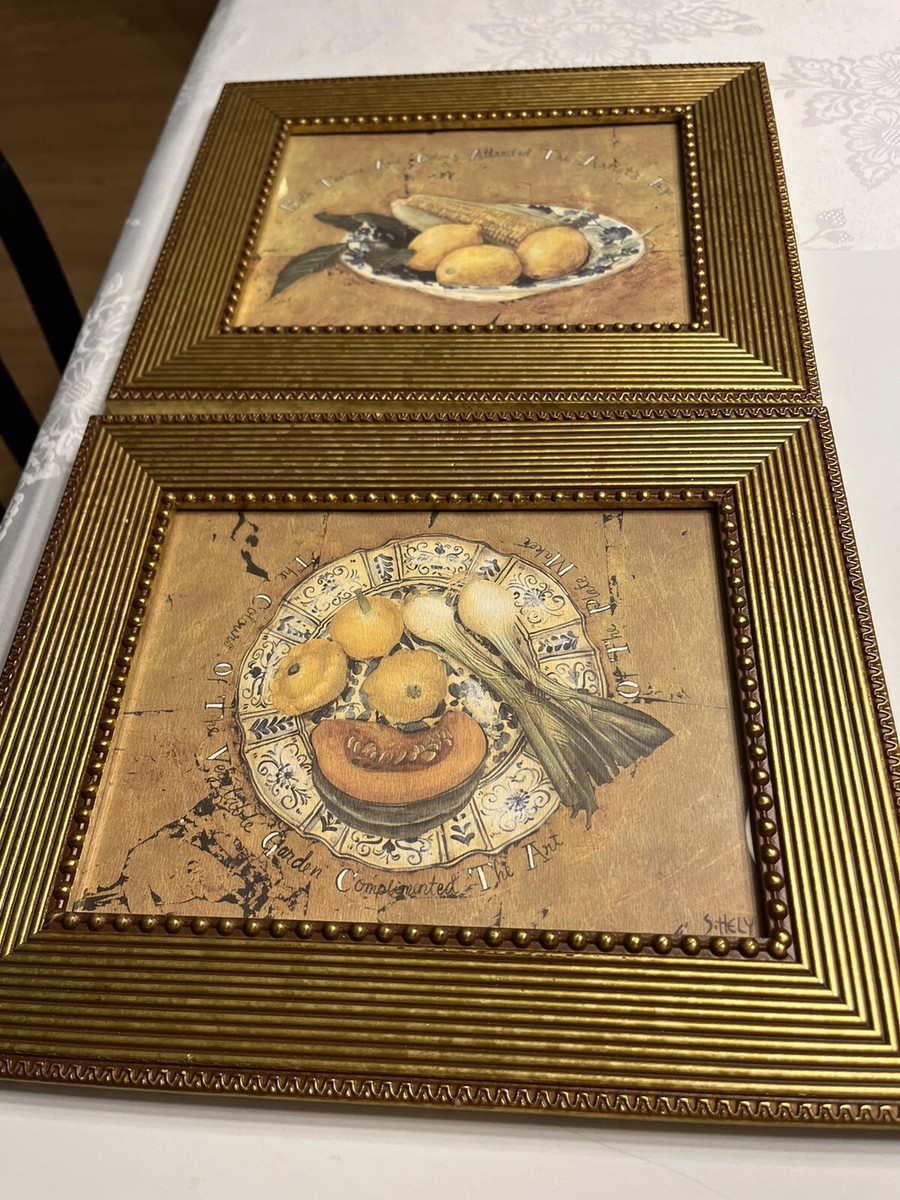 Pair of Shelley Hely Lemon Melon Print Heavy Gold Frame French
