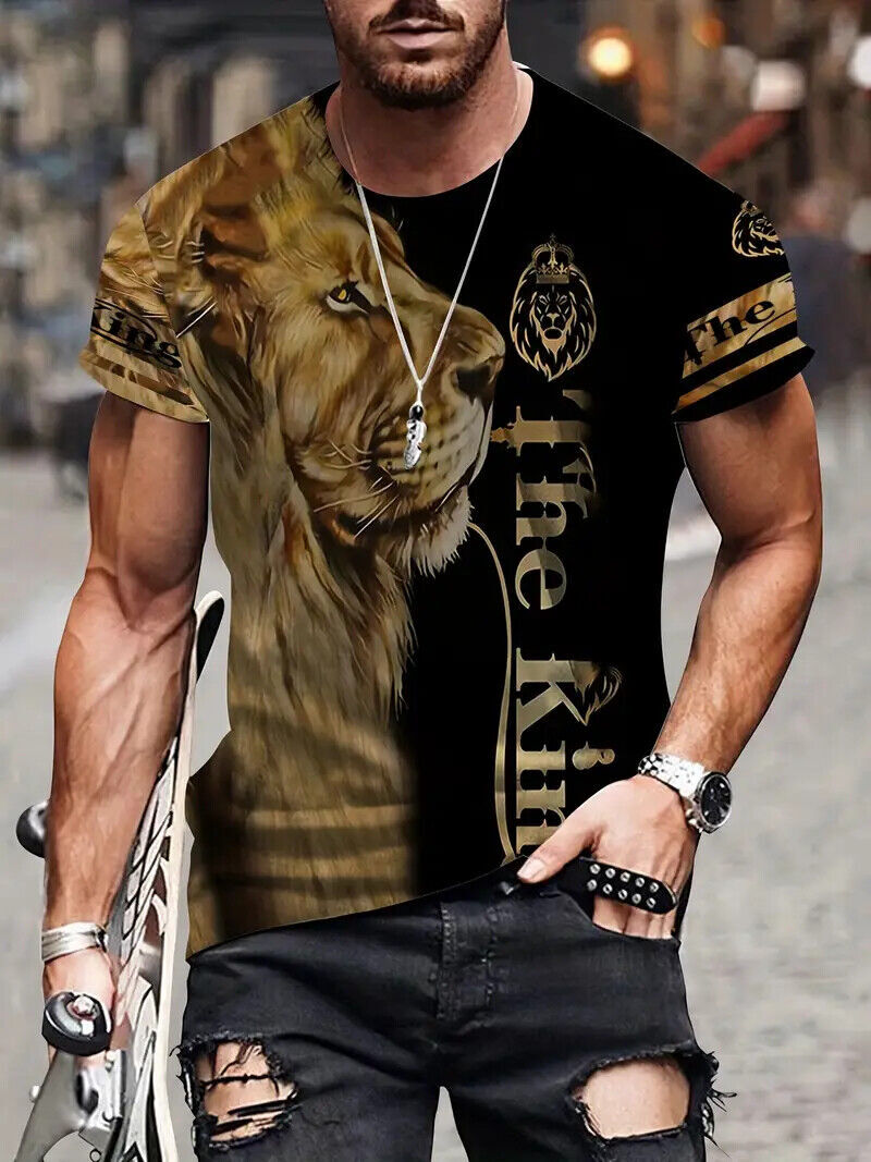 Camisa Camiseta Corta El Rey León Dorado Moda Novedad Hombre Negro Oro Manga