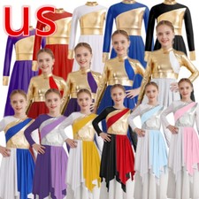 Kids Girls Metallic Lyrical Dance Dress Long Sleeve Worship Costume Dancewear