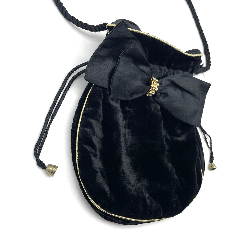 Bolso de Hombro Vintage Años 70 Terciopelo Negro Borde Dorado Lazo de Seda Estrás Cordón Foto 3 de 4