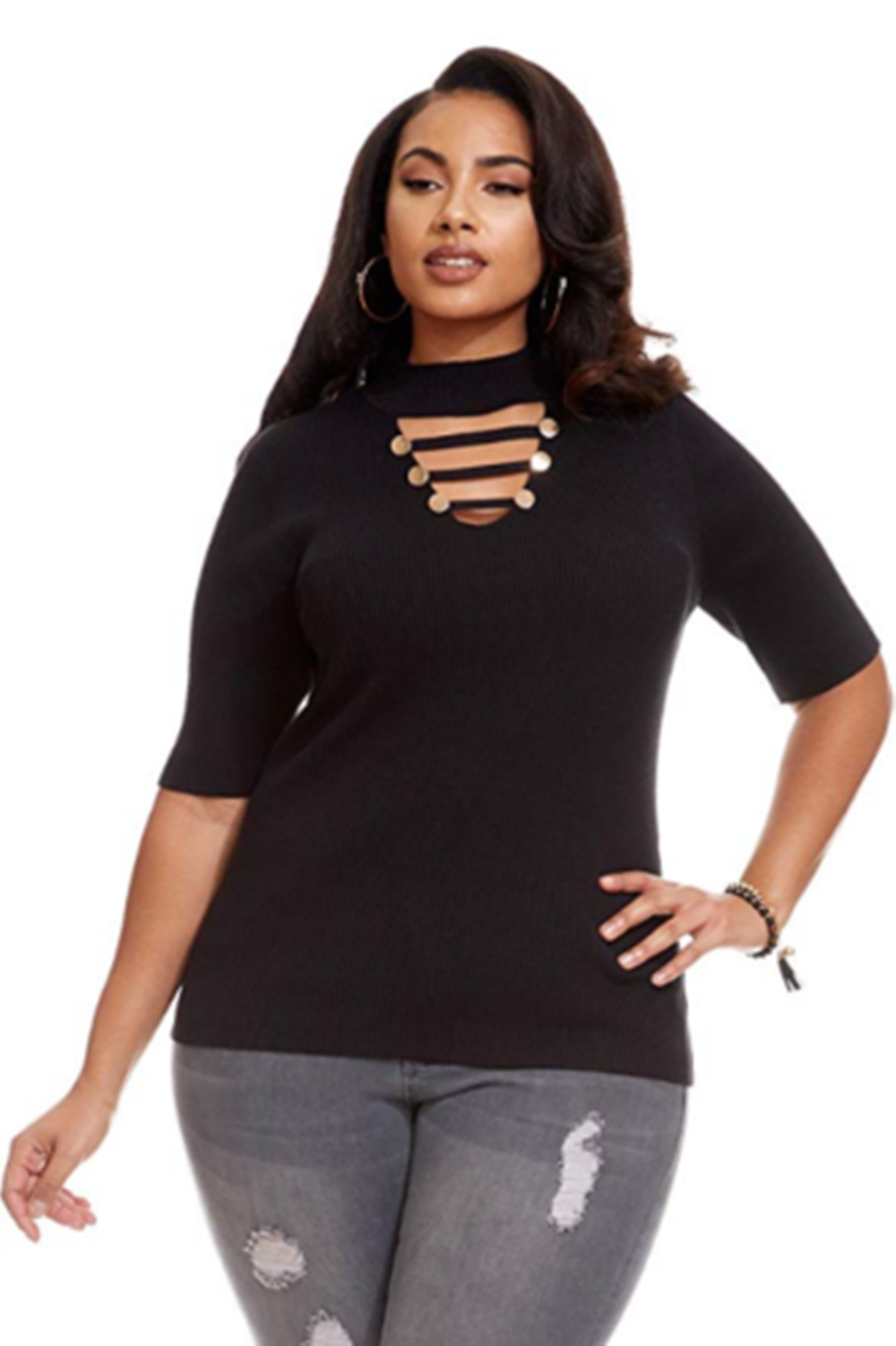Sloan Button Strap Choker Sweater, 0X 