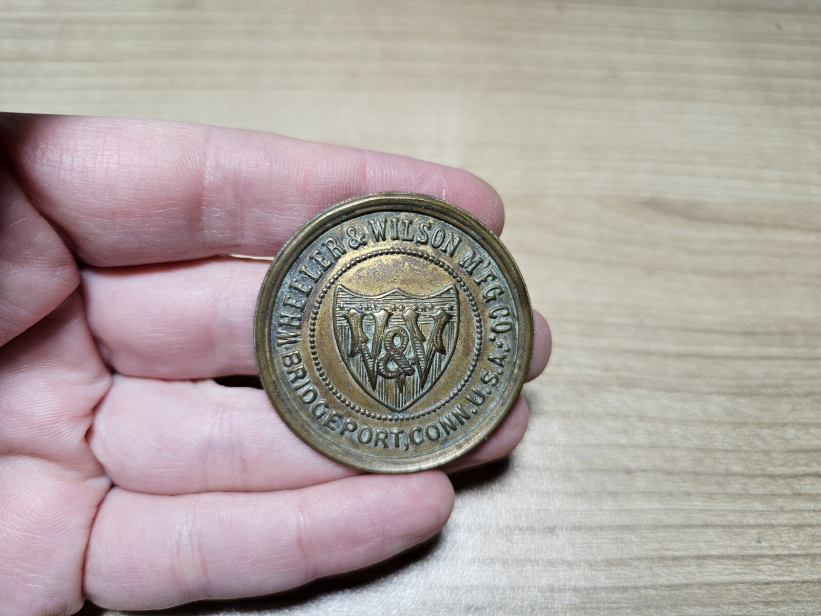 Vintage Wheeler & Wilson Mfg Co Bridgeport CT Sewing Machines Brass? Emblem