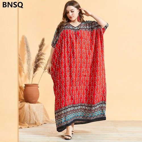 Mujeres Vestido Talla Grande Ropa Estampado Rojo Maxi Vestido Manga de Murciélago Vestido Musulmán M-7XL - Imagen 2 de 5