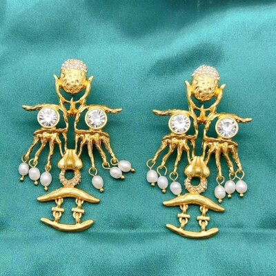 Schiaparelli Inspired Eyes Nose Teeth Lips Cz Gold Plated Dangle Tassle Earings