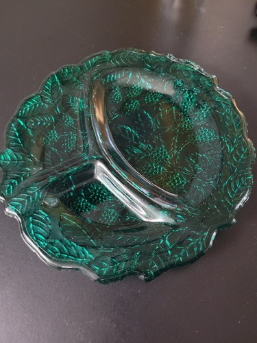 2 Vintage Indiana Glass Teal Green Divided Dish or Grill Plate Loganberry 9" - Picture 5 of 11