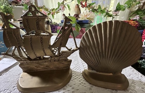 Vtg RARE Solid Brass Seashell & Sailboat Bookends EUC Heavy - Picture 6 of 17