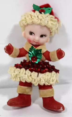 Vintage Christmas Elf Ornament Flocked Sequined. 1950’s - Decoration Kitsch