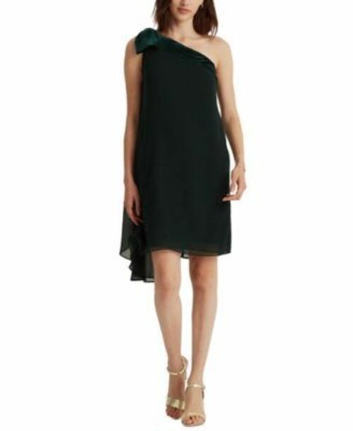 MSRP $175 Ralph Lauren Chiffon One-Shoulder Dress Deep Pine