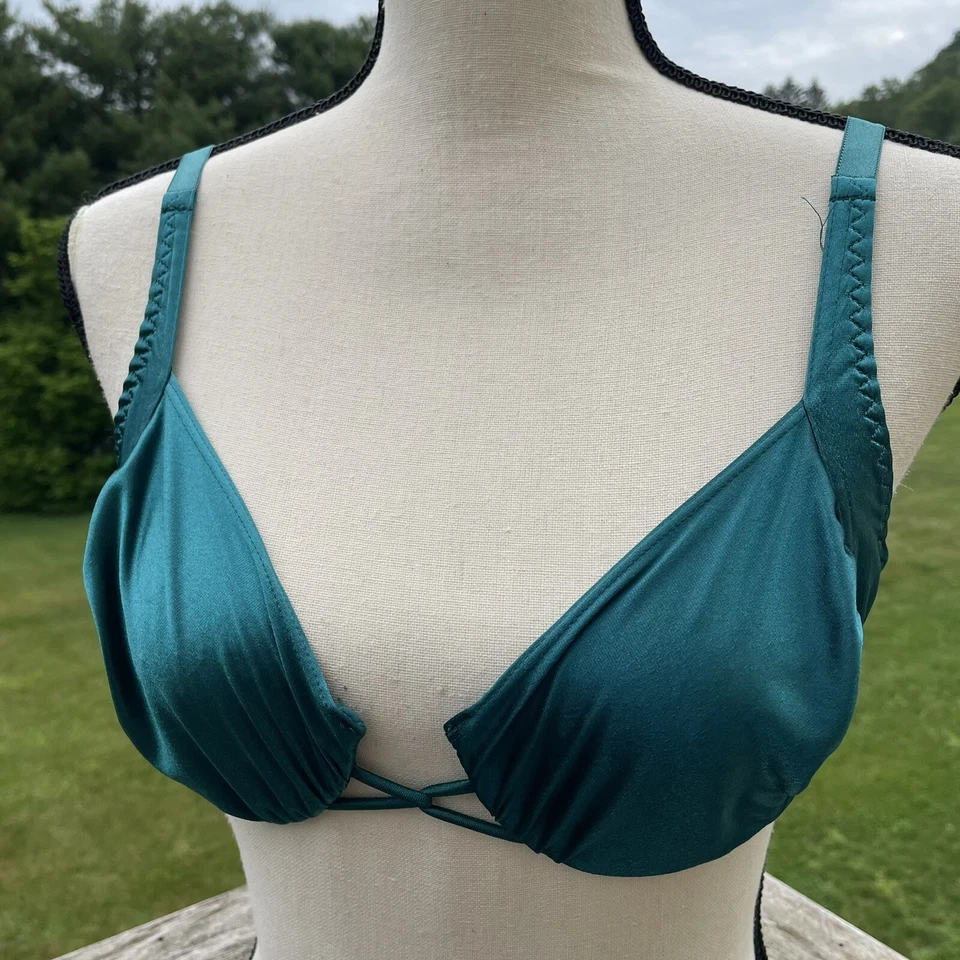 Sujetador WARNERS Brillante Satinado Sin Forro Nylon Acanalado Esmeralda 1022 Años 80 De Colección 34C Foto 2 de 4