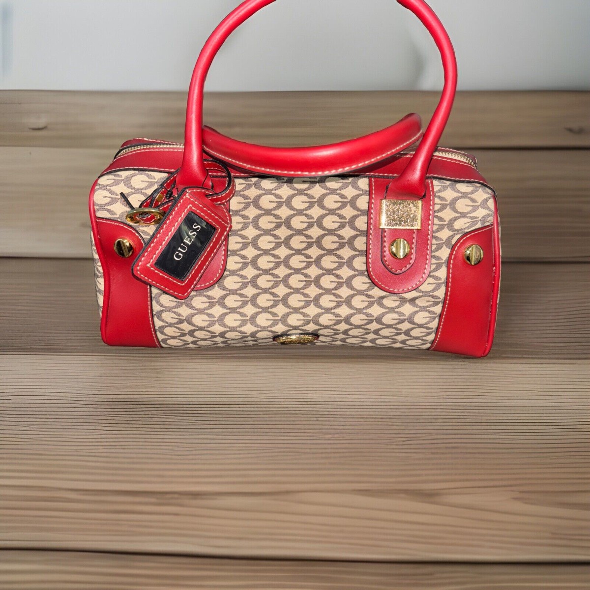 y2k old GUESS ヴィンテージ パッチワークハンドバッグ Guess Vtg Y2K Black Canvas Patent Embossed Leather Gold